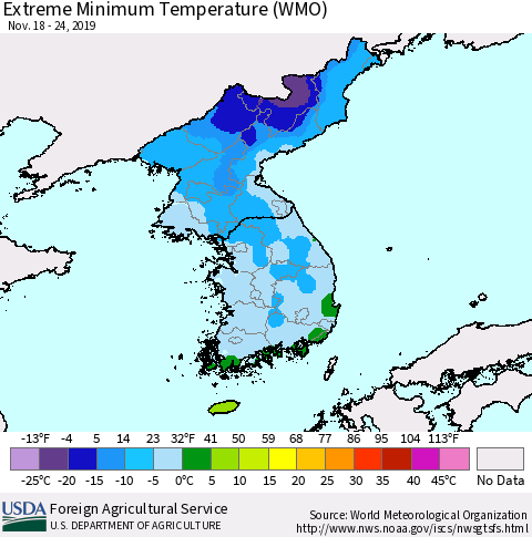 Korea Minimum Daily Temperature (WMO) Thematic Map For 11/18/2019 - 11/24/2019