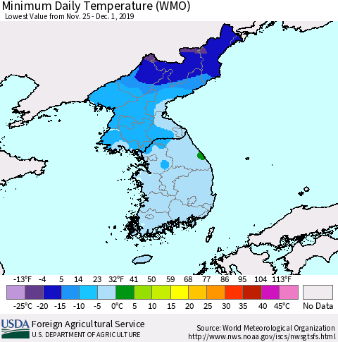 Korea Minimum Daily Temperature (WMO) Thematic Map For 11/25/2019 - 12/1/2019