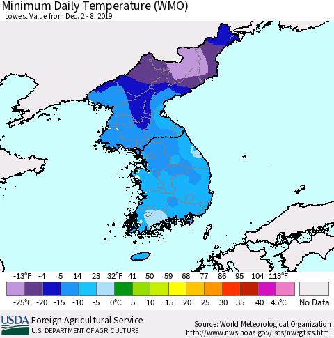 Korea Minimum Daily Temperature (WMO) Thematic Map For 12/2/2019 - 12/8/2019