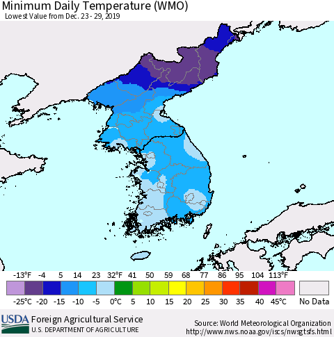Korea Minimum Daily Temperature (WMO) Thematic Map For 12/23/2019 - 12/29/2019