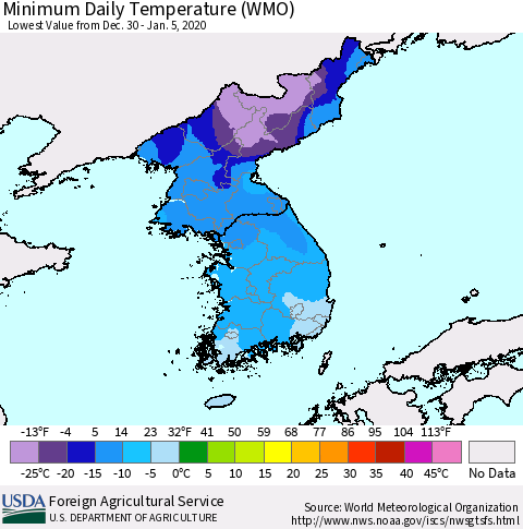 Korea Minimum Daily Temperature (WMO) Thematic Map For 12/30/2019 - 1/5/2020