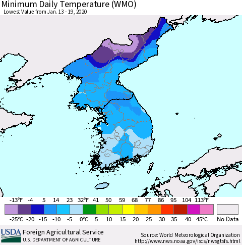 Korea Minimum Daily Temperature (WMO) Thematic Map For 1/13/2020 - 1/19/2020