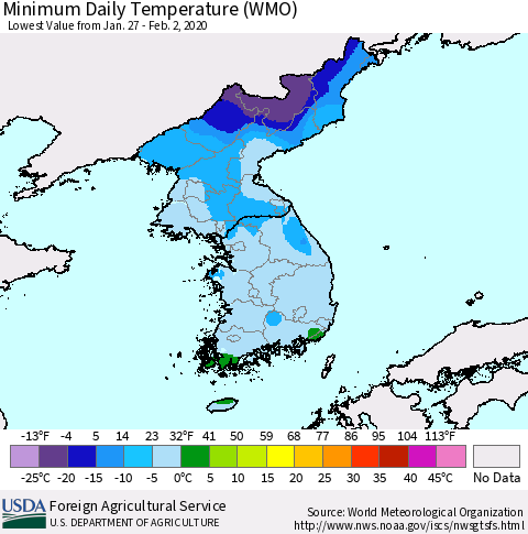 Korea Minimum Daily Temperature (WMO) Thematic Map For 1/27/2020 - 2/2/2020