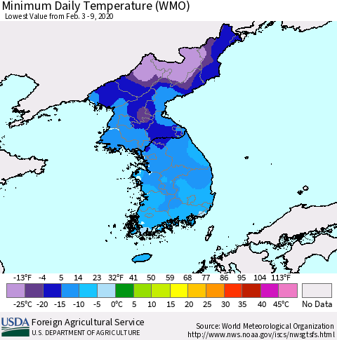 Korea Minimum Daily Temperature (WMO) Thematic Map For 2/3/2020 - 2/9/2020