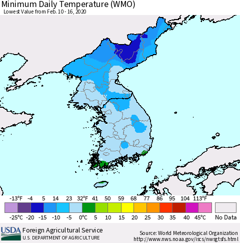 Korea Minimum Daily Temperature (WMO) Thematic Map For 2/10/2020 - 2/16/2020