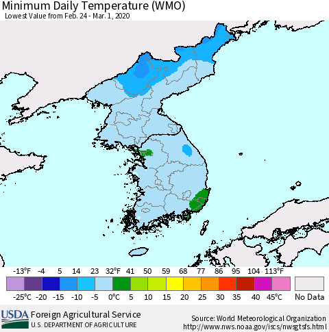 Korea Minimum Daily Temperature (WMO) Thematic Map For 2/24/2020 - 3/1/2020