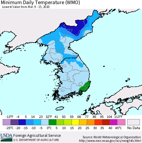 Korea Minimum Daily Temperature (WMO) Thematic Map For 3/9/2020 - 3/15/2020