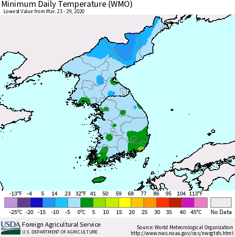 Korea Minimum Daily Temperature (WMO) Thematic Map For 3/23/2020 - 3/29/2020