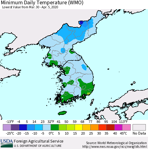 Korea Minimum Daily Temperature (WMO) Thematic Map For 3/30/2020 - 4/5/2020