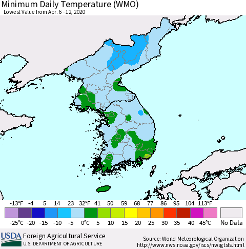 Korea Minimum Daily Temperature (WMO) Thematic Map For 4/6/2020 - 4/12/2020