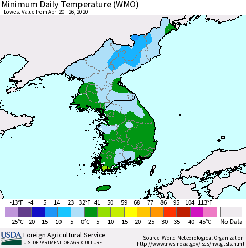 Korea Minimum Daily Temperature (WMO) Thematic Map For 4/20/2020 - 4/26/2020