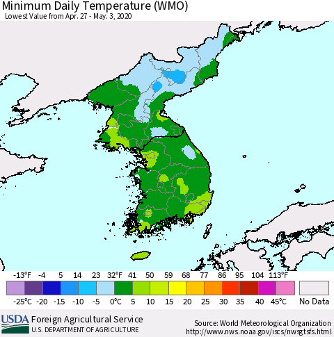 Korea Minimum Daily Temperature (WMO) Thematic Map For 4/27/2020 - 5/3/2020