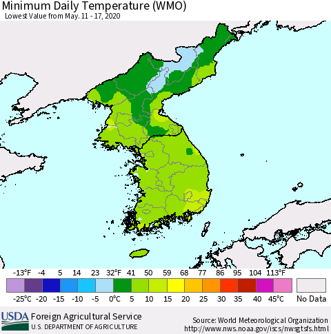 Korea Minimum Daily Temperature (WMO) Thematic Map For 5/11/2020 - 5/17/2020