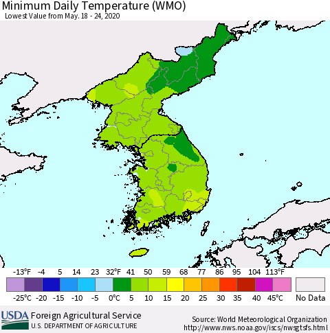 Korea Minimum Daily Temperature (WMO) Thematic Map For 5/18/2020 - 5/24/2020