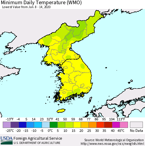 Korea Minimum Daily Temperature (WMO) Thematic Map For 6/8/2020 - 6/14/2020