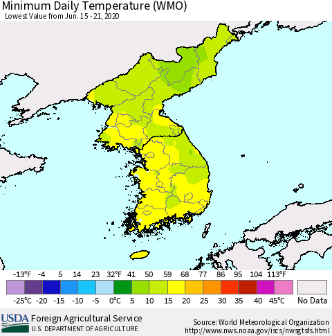 Korea Minimum Daily Temperature (WMO) Thematic Map For 6/15/2020 - 6/21/2020