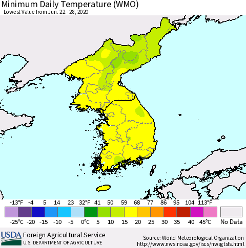 Korea Minimum Daily Temperature (WMO) Thematic Map For 6/22/2020 - 6/28/2020