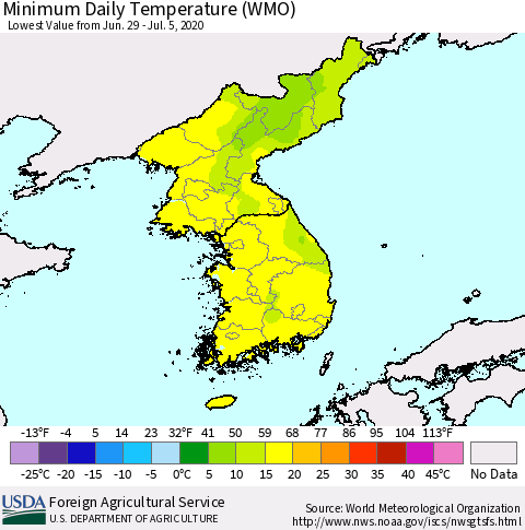 Korea Minimum Daily Temperature (WMO) Thematic Map For 6/29/2020 - 7/5/2020