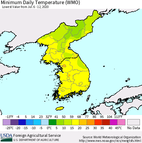 Korea Minimum Daily Temperature (WMO) Thematic Map For 7/6/2020 - 7/12/2020