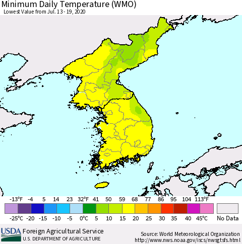 Korea Minimum Daily Temperature (WMO) Thematic Map For 7/13/2020 - 7/19/2020