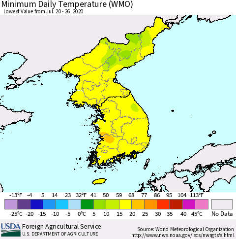 Korea Minimum Daily Temperature (WMO) Thematic Map For 7/20/2020 - 7/26/2020