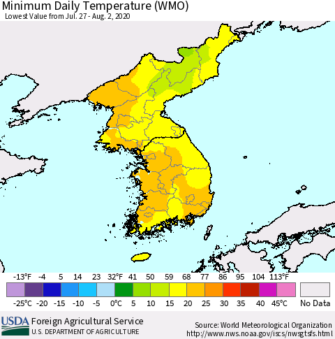 Korea Minimum Daily Temperature (WMO) Thematic Map For 7/27/2020 - 8/2/2020