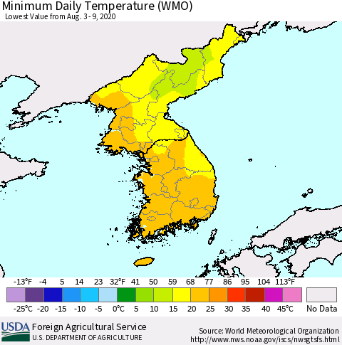 Korea Minimum Daily Temperature (WMO) Thematic Map For 8/3/2020 - 8/9/2020