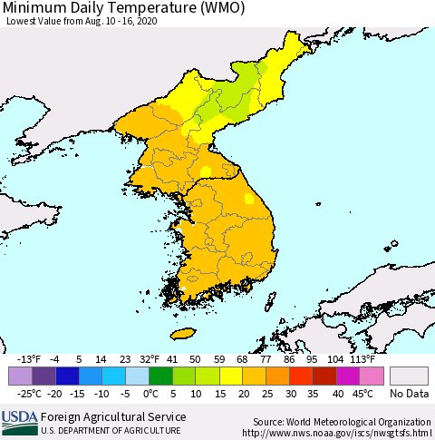 Korea Minimum Daily Temperature (WMO) Thematic Map For 8/10/2020 - 8/16/2020