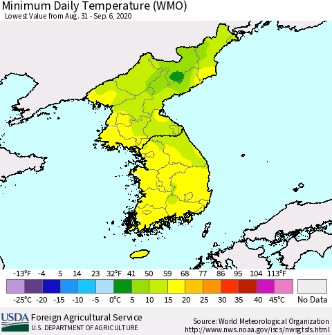 Korea Minimum Daily Temperature (WMO) Thematic Map For 8/31/2020 - 9/6/2020