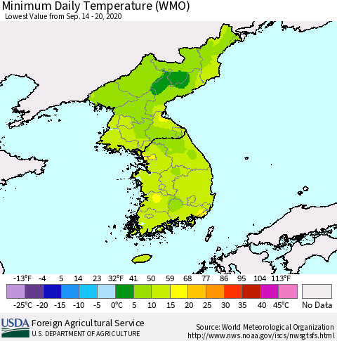 Korea Minimum Daily Temperature (WMO) Thematic Map For 9/14/2020 - 9/20/2020