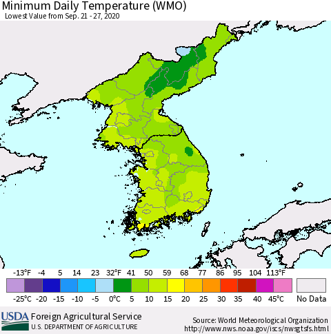 Korea Minimum Daily Temperature (WMO) Thematic Map For 9/21/2020 - 9/27/2020