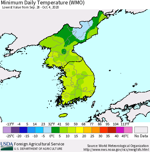 Korea Minimum Daily Temperature (WMO) Thematic Map For 9/28/2020 - 10/4/2020