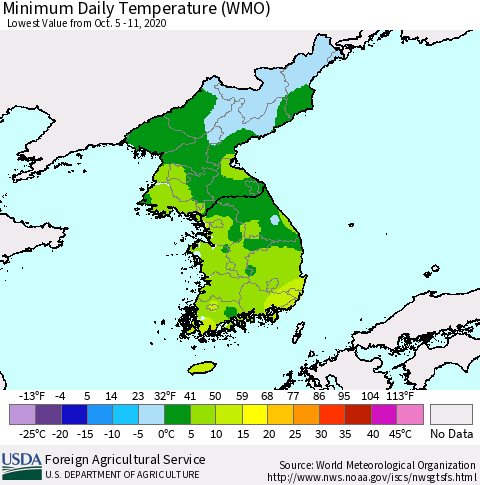 Korea Minimum Daily Temperature (WMO) Thematic Map For 10/5/2020 - 10/11/2020