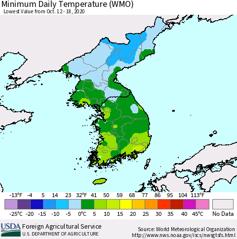 Korea Minimum Daily Temperature (WMO) Thematic Map For 10/12/2020 - 10/18/2020