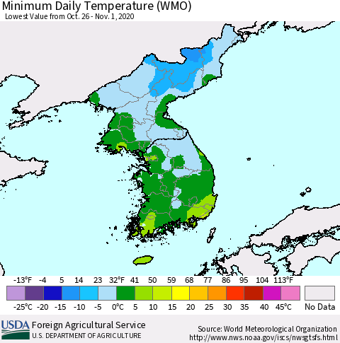 Korea Minimum Daily Temperature (WMO) Thematic Map For 10/26/2020 - 11/1/2020