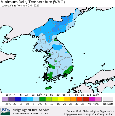 Korea Minimum Daily Temperature (WMO) Thematic Map For 11/2/2020 - 11/8/2020