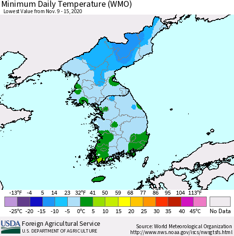 Korea Minimum Daily Temperature (WMO) Thematic Map For 11/9/2020 - 11/15/2020