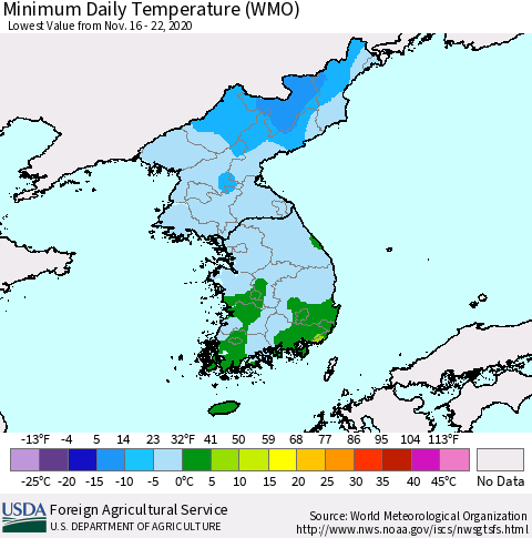 Korea Minimum Daily Temperature (WMO) Thematic Map For 11/16/2020 - 11/22/2020
