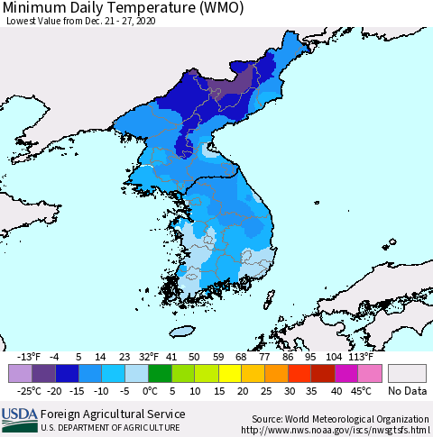 Korea Minimum Daily Temperature (WMO) Thematic Map For 12/21/2020 - 12/27/2020