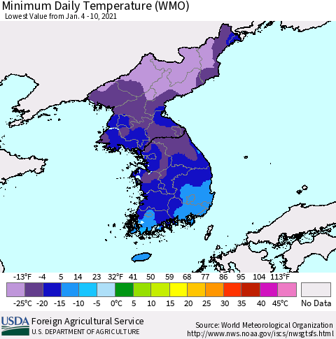 Korea Minimum Daily Temperature (WMO) Thematic Map For 1/4/2021 - 1/10/2021