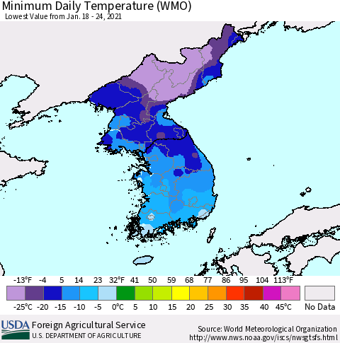 Korea Minimum Daily Temperature (WMO) Thematic Map For 1/18/2021 - 1/24/2021