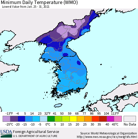 Korea Minimum Daily Temperature (WMO) Thematic Map For 1/25/2021 - 1/31/2021