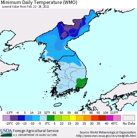 Korea Minimum Daily Temperature (WMO) Thematic Map For 2/22/2021 - 2/28/2021