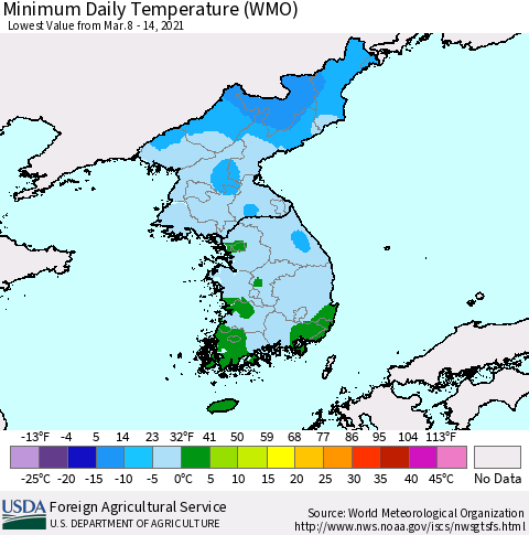 Korea Minimum Daily Temperature (WMO) Thematic Map For 3/8/2021 - 3/14/2021