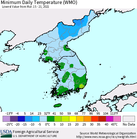 Korea Minimum Daily Temperature (WMO) Thematic Map For 3/15/2021 - 3/21/2021