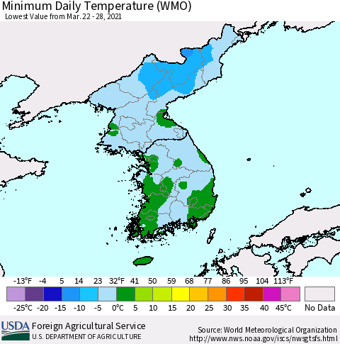 Korea Minimum Daily Temperature (WMO) Thematic Map For 3/22/2021 - 3/28/2021