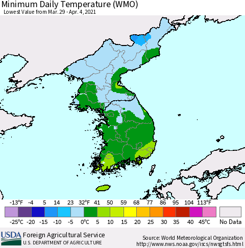 Korea Minimum Daily Temperature (WMO) Thematic Map For 3/29/2021 - 4/4/2021