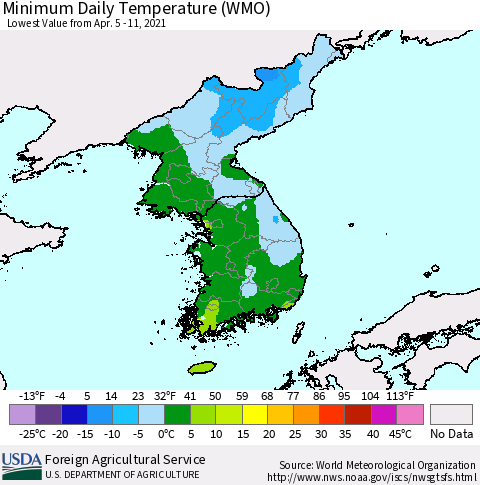 Korea Minimum Daily Temperature (WMO) Thematic Map For 4/5/2021 - 4/11/2021
