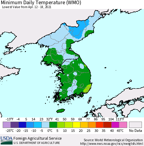 Korea Minimum Daily Temperature (WMO) Thematic Map For 4/12/2021 - 4/18/2021
