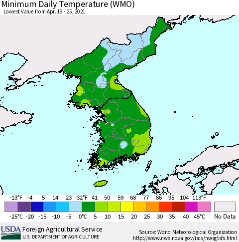 Korea Minimum Daily Temperature (WMO) Thematic Map For 4/19/2021 - 4/25/2021